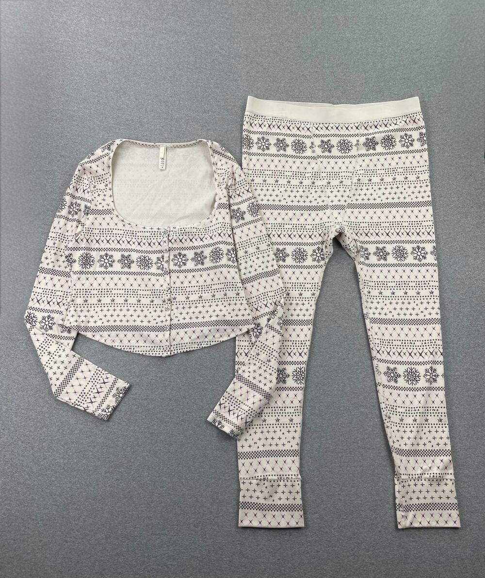 SKIMS Pointelle Fair Isle Pajama Set 4X Plus Cream Pink Henley & Leggings Lounge